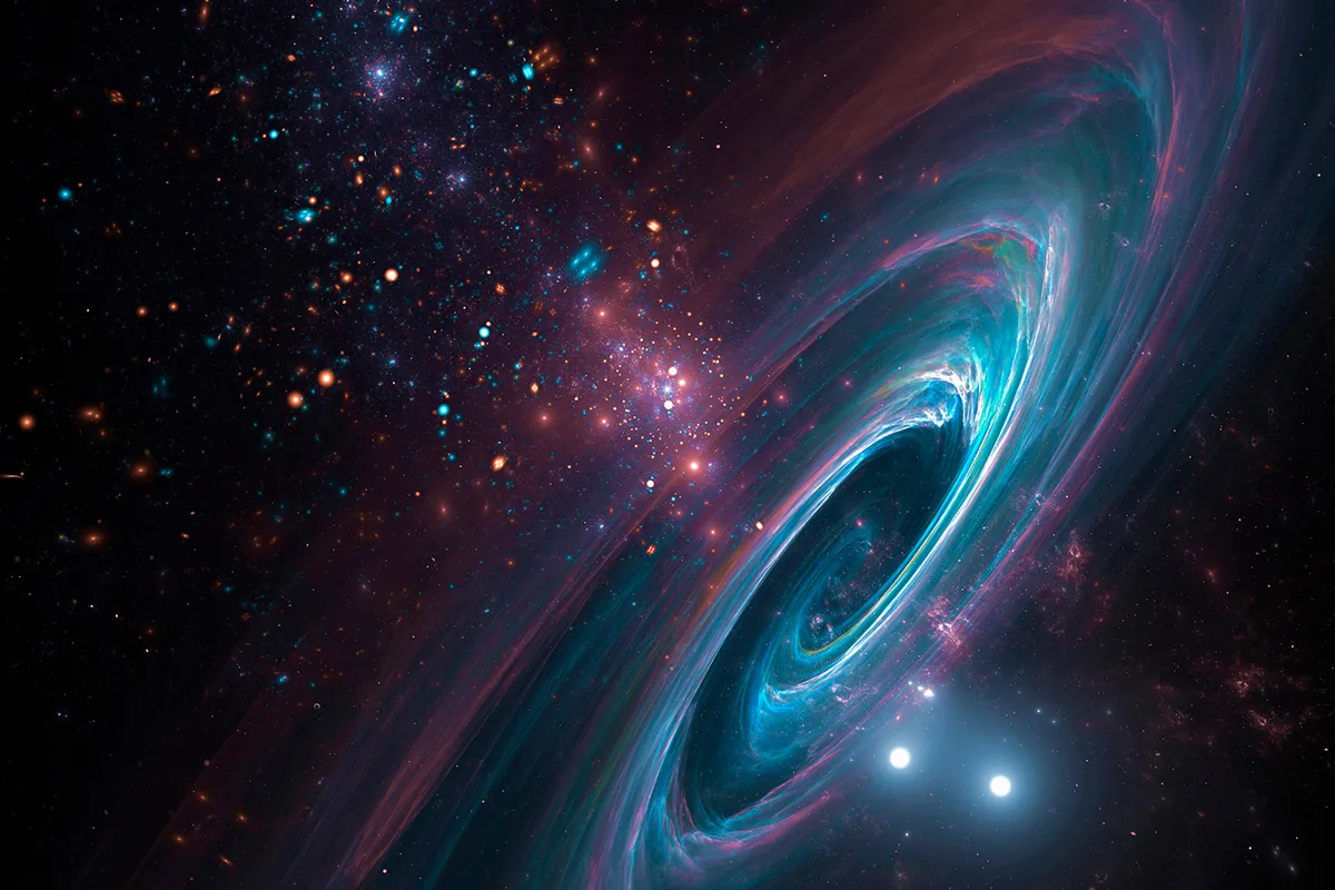 Black hole with stars and galaxies erupting from it