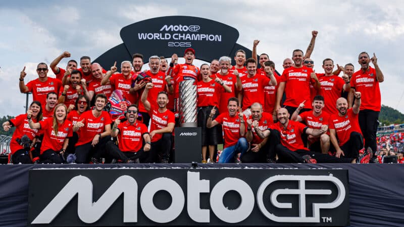 Marc Marquez celebrates winnign 2025 MotoGP championship with Ducati team