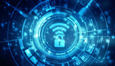 A stylized depiction of a padlocked WiFi symbol sitting in the centre of an interlocking vault.