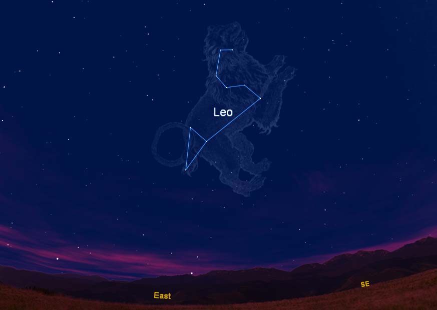 This sky chart shows where the constellation Leo, the Lion and its trademark sickle appear in the eastern sky as viewed from the Northern Hemisphere during spring. This chart is where the constellation appears at 8 p.m. EDT as viewed from the U.S. East Coast.
