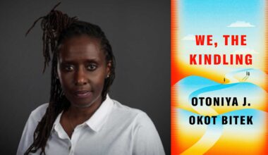 Otoniya J Okot Bitek's headshot beside the We, The Kindling book cover