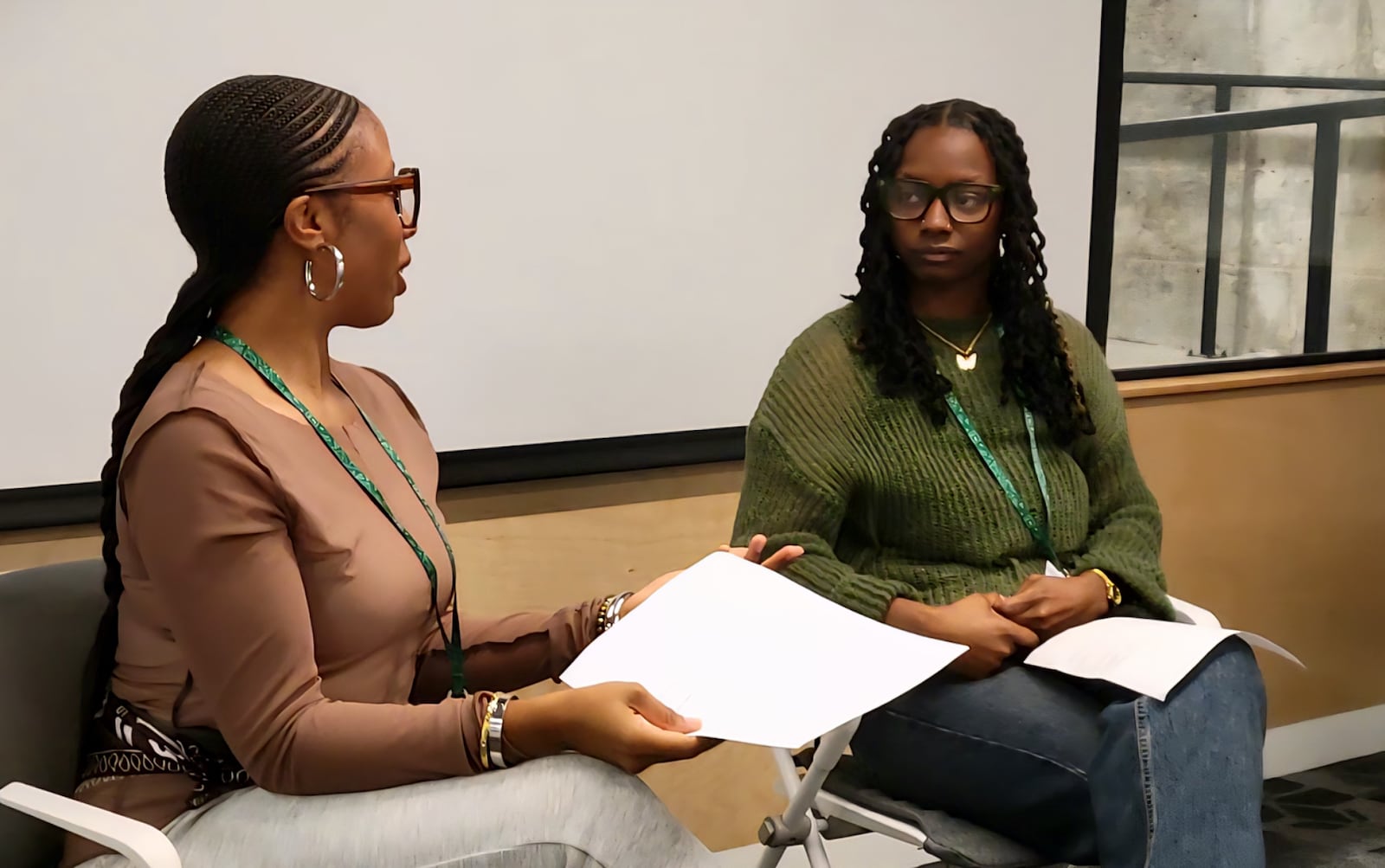 Entrepreneurs Tobi Ewing and Madisann Calhoun host a fireside chat about building and branding in the fashion industry at Launch Dayton Startup Week, Sept. 10, 2025. LONDON BISHOP/STAFF
