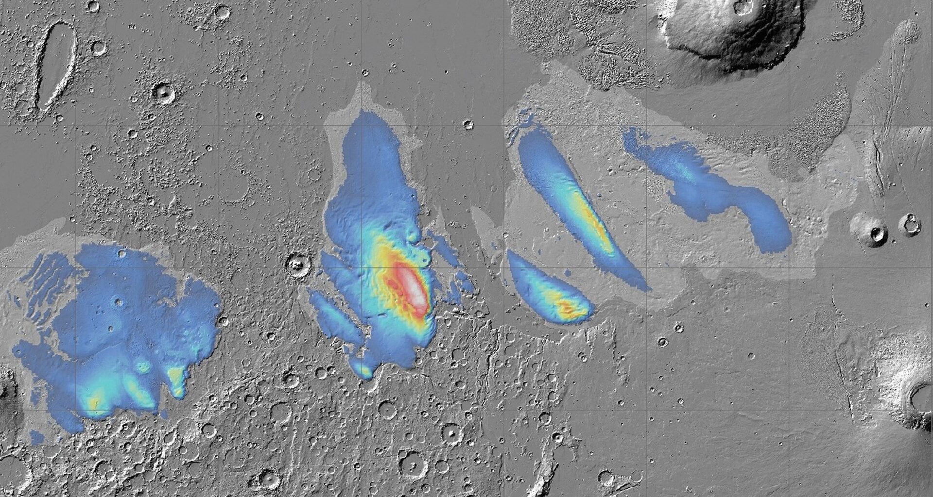 a black-and-white map of mars with blue sections denoting where water ice has been detected