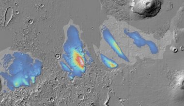 a black-and-white map of mars with blue sections denoting where water ice has been detected