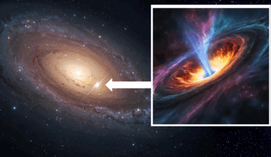 (Main) an illustration of a galaxy with a rogue feeding black hole heading to its oukskirts (Inset) A close up illustration of that black hole