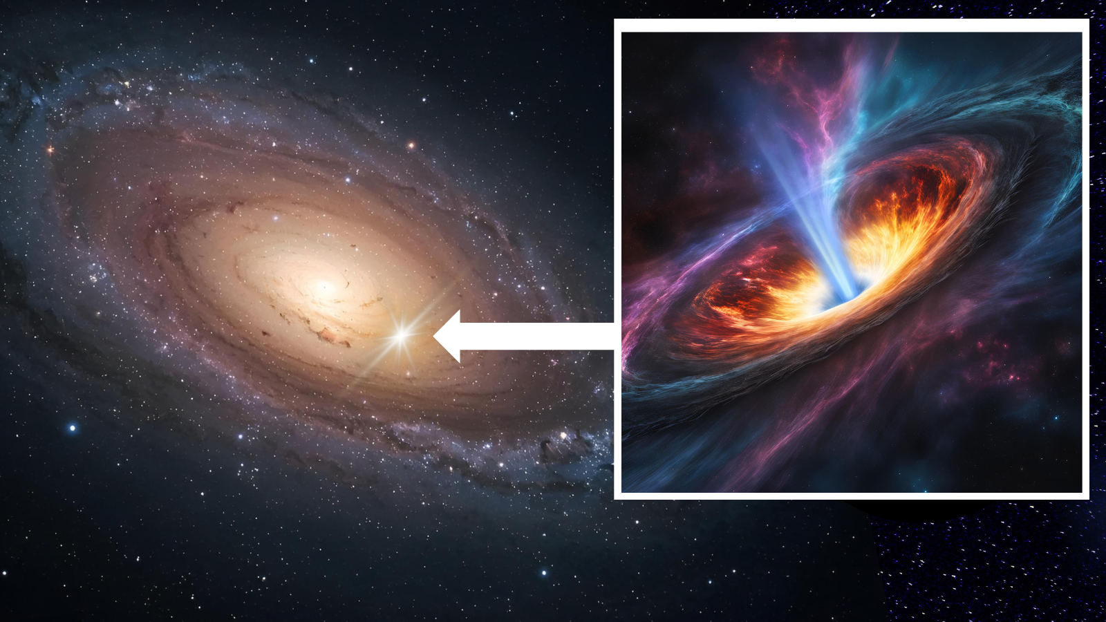 (Main) an illustration of a galaxy with a rogue feeding black hole heading to its oukskirts (Inset) A close up illustration of that black hole
