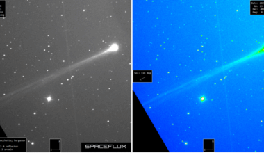 New comet SWAN25B: Black-and-white image of a comet with a long tail next to a false-color version.