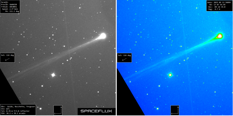 New comet SWAN25B: Black-and-white image of a comet with a long tail next to a false-color version.