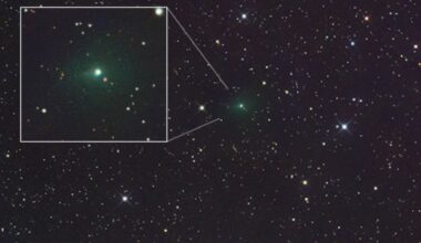 A glowing green light is seen in the center of a starry image from space but also in a white cutout box on the left part of the image