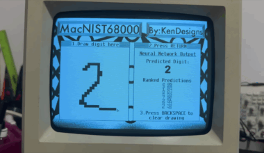 Neural network shown on original mac screen, handwritten 2 on left and predictions on right