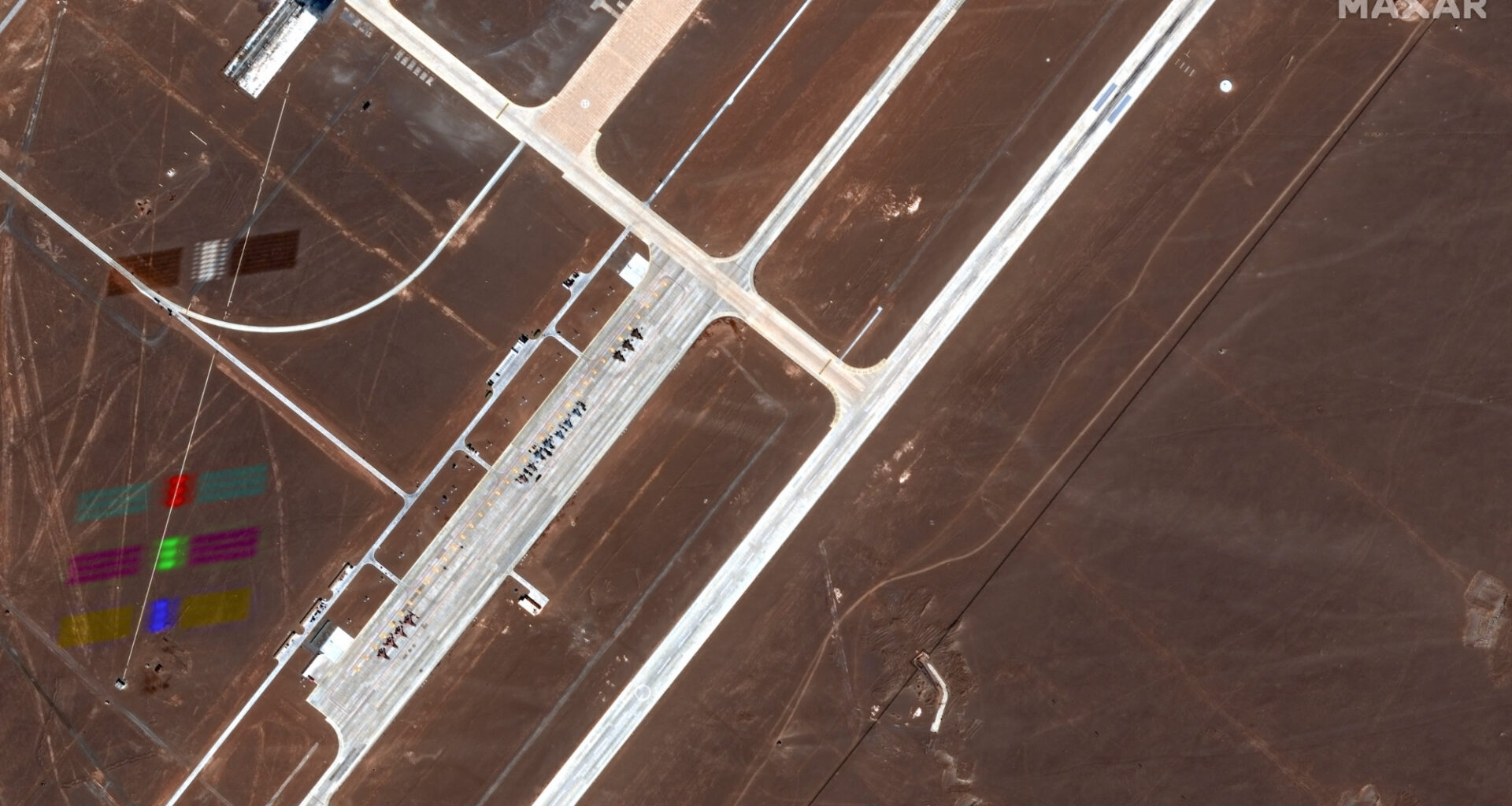 A Starlink satellite captured flying over the secretive Dingxin Airbase in China on Aug. 21, 2025 by one of the WorldView Legion Earth-observation satellites operated by U.S. company Maxar Technologies.