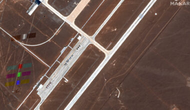 A Starlink satellite captured flying over the secretive Dingxin Airbase in China on Aug. 21, 2025 by one of the WorldView Legion Earth-observation satellites operated by U.S. company Maxar Technologies.