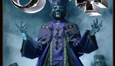 Ghost frontman Papa V Perpetua standing in front of the band