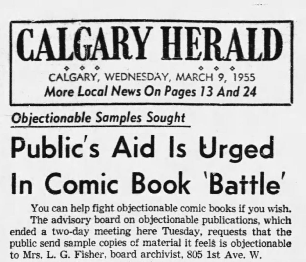A Calgary Herald newspaper clipping reads 'Public's Aid Is Urged In Comic Book Battle.'