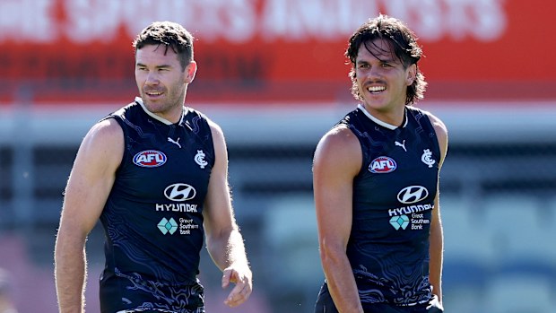 Mitch McGovern and Elijah Hollands of the Blues.