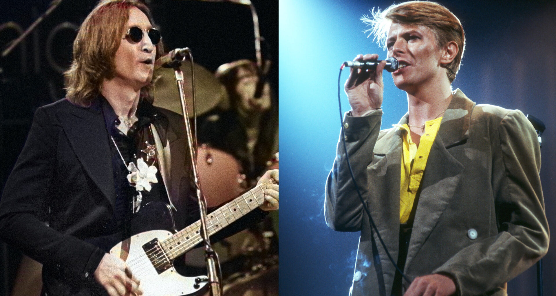 LEFT: John LENNON, performing live onstage - last live appearance, with Elton John, playing Fender Telecaster guitar . RIGHT: David Bowie is performing with his band at the Fresno Convention Center in Fresno, California on April 2, 1978,