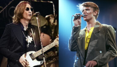 LEFT: John LENNON, performing live onstage - last live appearance, with Elton John, playing Fender Telecaster guitar . RIGHT: David Bowie is performing with his band at the Fresno Convention Center in Fresno, California on April 2, 1978,