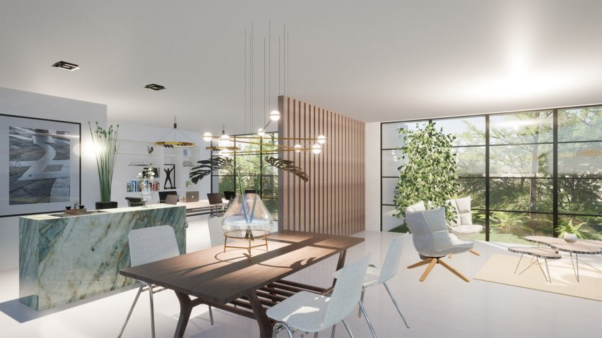 A visualisation of a living space in muted tones of beige, white and green. 