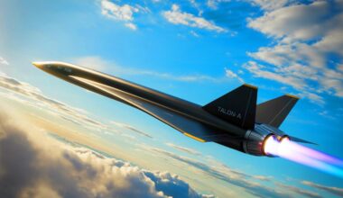 Illustration of the Talon-A hypersonic test vehicle powered by advanced H13 rocket engines in flight.