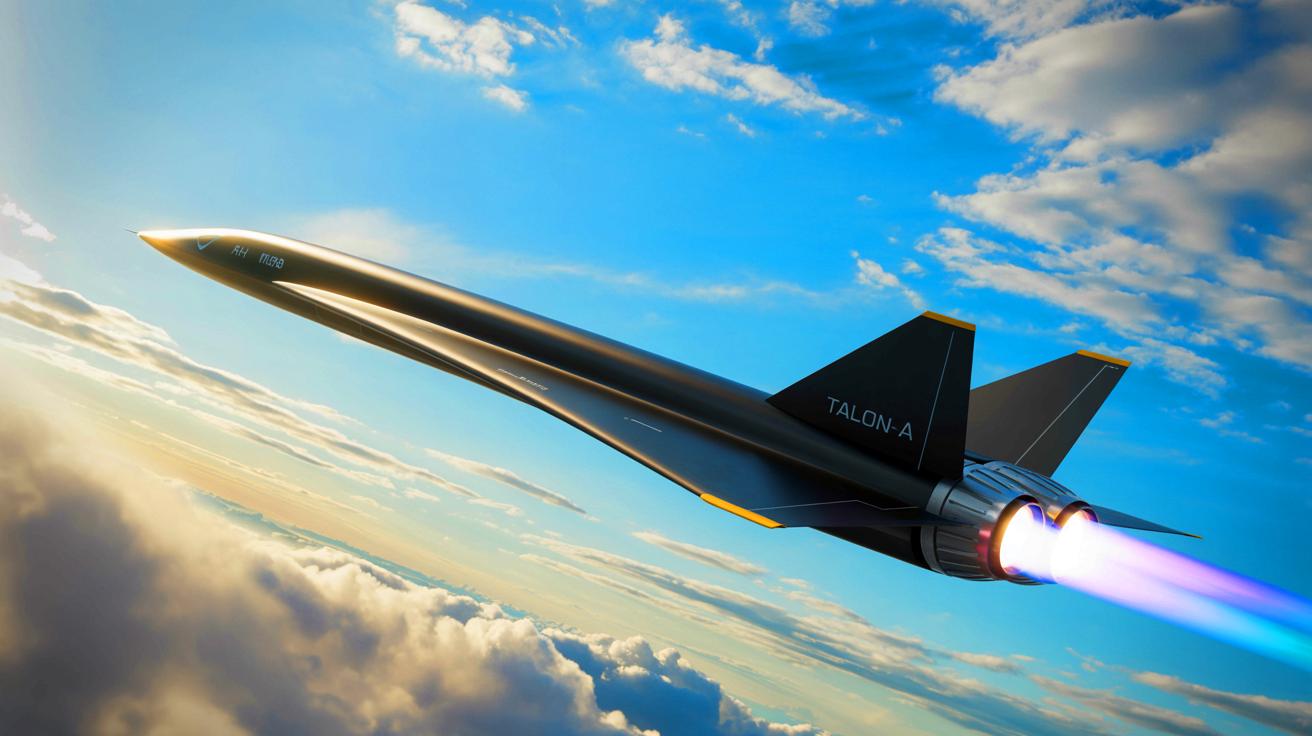 Illustration of the Talon-A hypersonic test vehicle powered by advanced H13 rocket engines in flight.