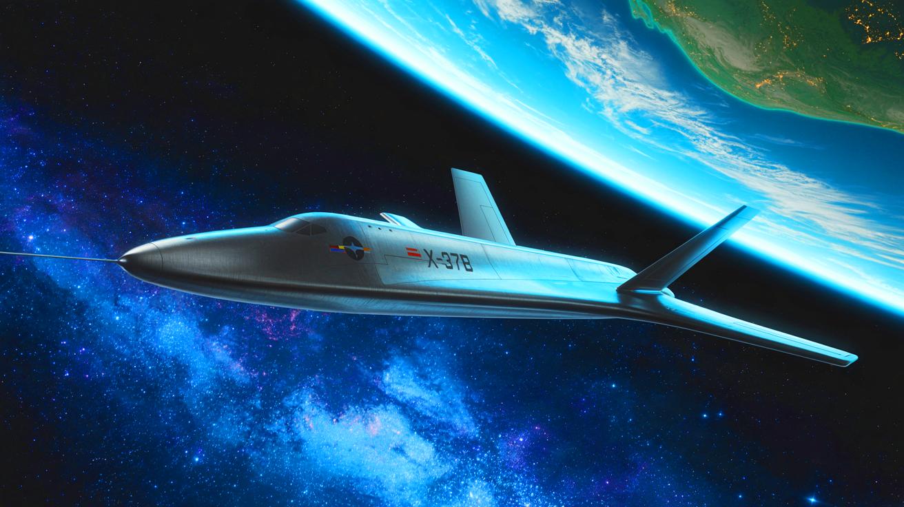 Illustration of the U.S. military's X-37B space plane in orbit, sparking international debate over its potential weaponization.