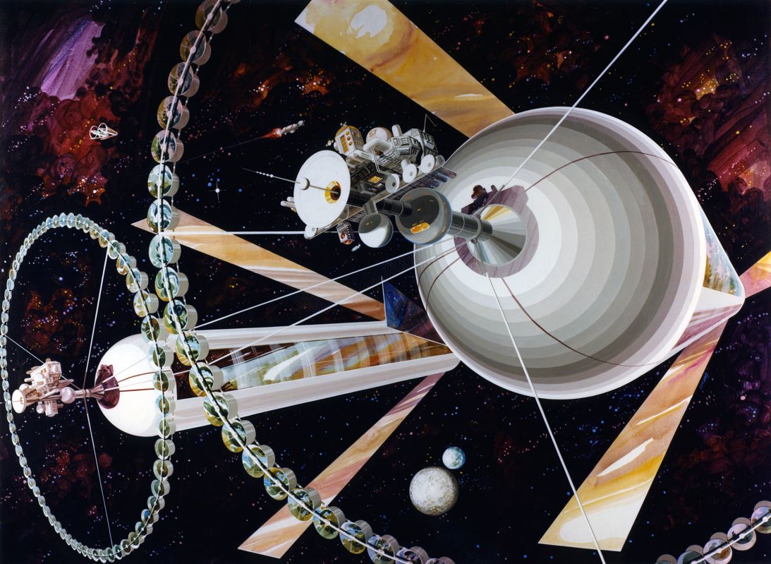 This piece of concept art shows an O'Neill colony, or O’Neill cylinder. The modules shown on the large ring structure around the endcap would be used for agriculture.