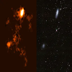 (Left) Radio galaxy image of neutral hydrogen in and around the NGC 4532 / DDO 137 using ASKAP. (RIGHT) An optical image of the galaxy from the Legacy Surveys. Credit: ICRAR and D.Lang (Perimeter Institute).