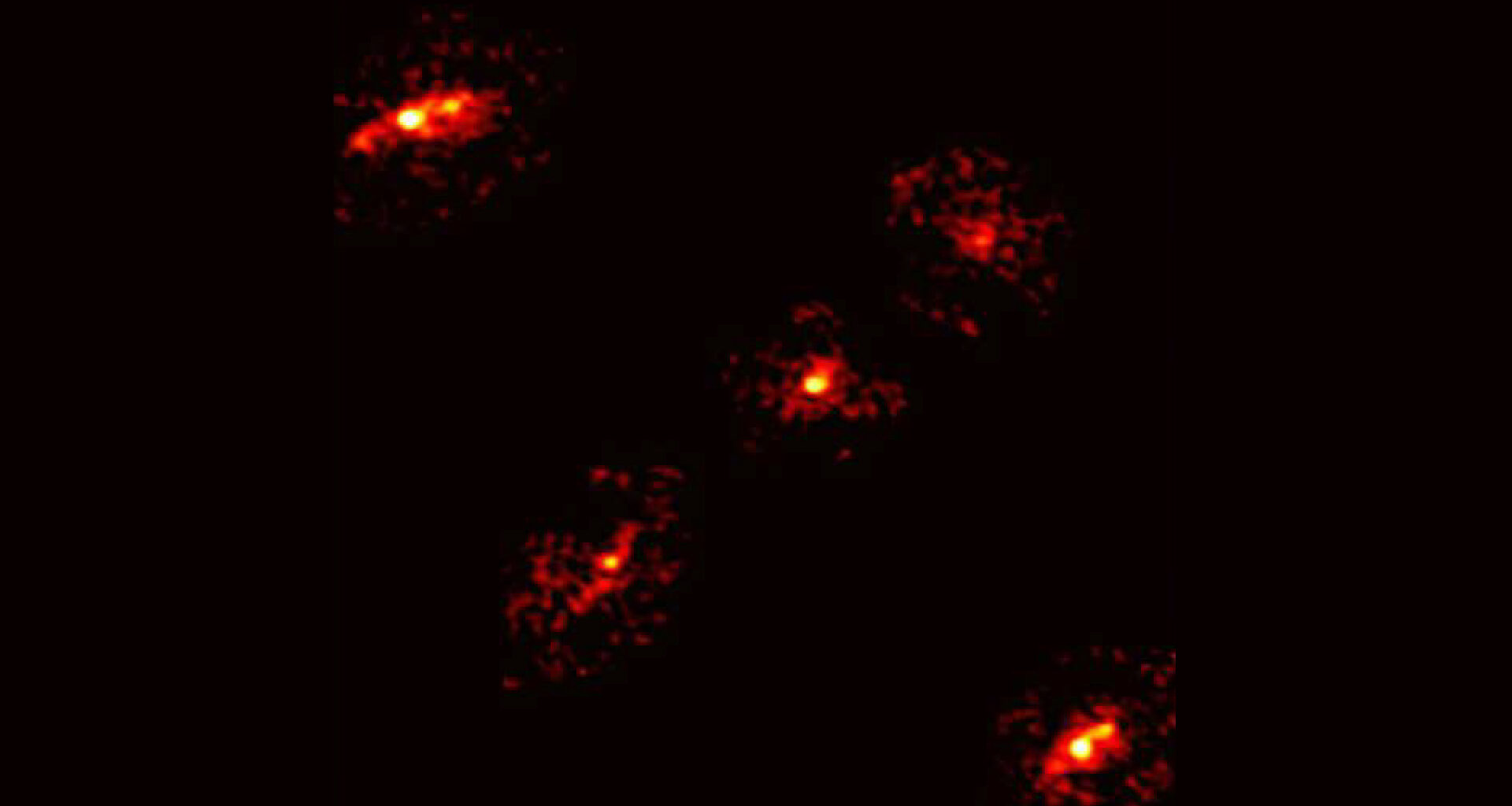 a pixelated image of five glowing blobs that form an 'X' shape
