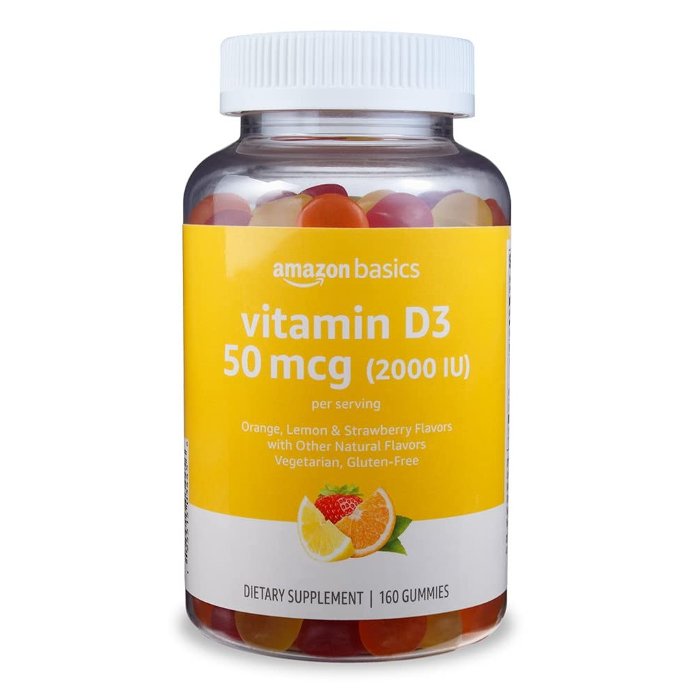 Bottle of Amazon vitamin D3 supplement gummies on white background