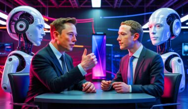 Illustration of Elon Musk and Mark Zuckerberg in a strategic discussion about artificial intelligence acquisition.