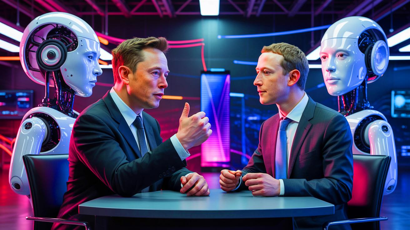 Illustration of Elon Musk and Mark Zuckerberg in a strategic discussion about artificial intelligence acquisition.
