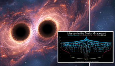 Main: An illustration of colliding black holes. Inset: Gravitational wave signals from a