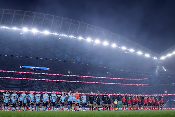 Sydney FC line up against the touring Wrexham AFC at a packed Allianz Stadium in July.