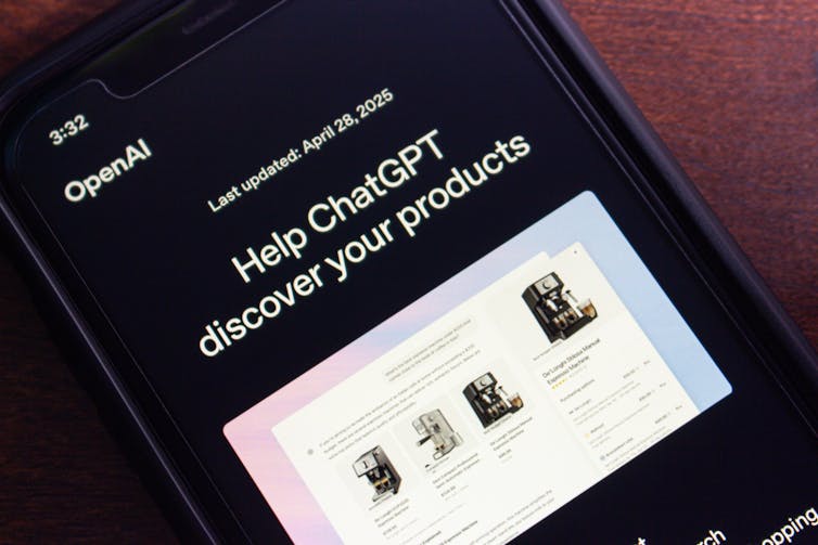 Phone screen with text which reads 'Help ChatGPT discover your products'.