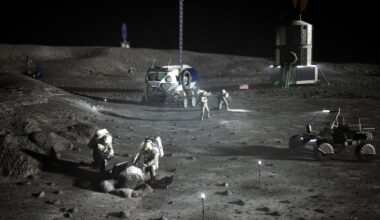 Artistic depiction of NASA astronauts at the lunar south pole carrying out early work to establish an Artemis Base Camp.
