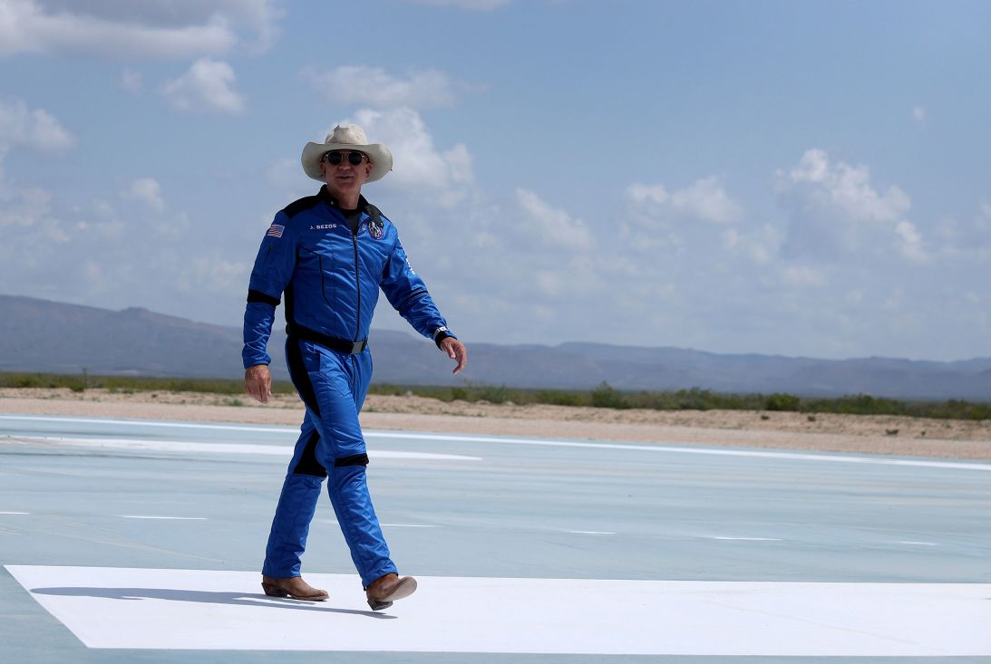 Jeff Bezos walks on a ground pad at Blue Origin’s New Shepard launch facilities in Van Horn, Texas, in July 2021.