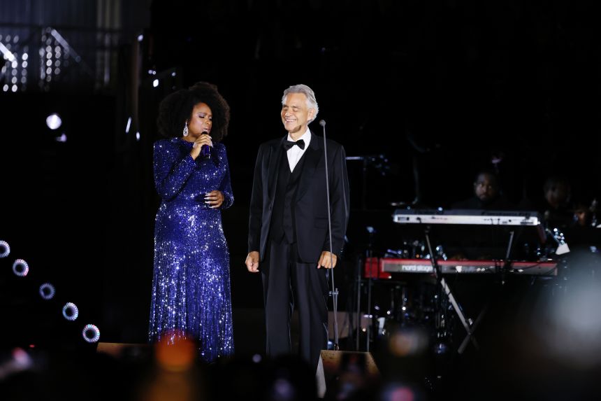 Jennifer Hudson and Andrea Bocelli perform during the 'Grace For The World' event at St. Peter's Square on Saturday.