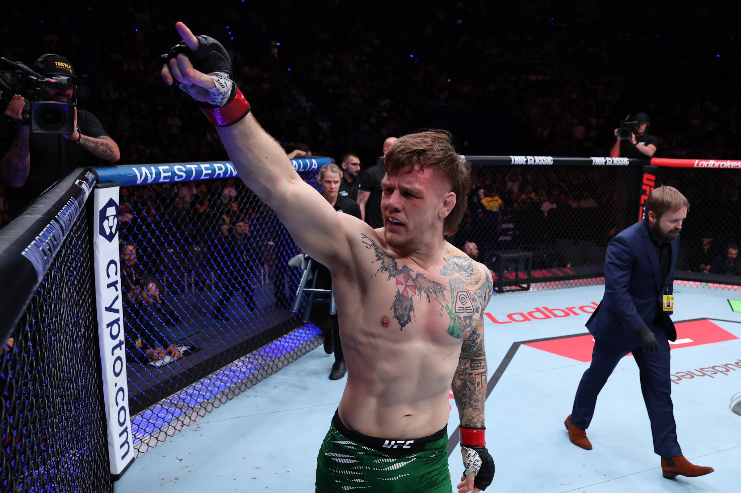 PERTH, AUSTRALIA - SEPTEMBER 28: Jimmy Crute of Australia reacts after a victory against Ivan Erslan of Croatia in a light heavyweight fight during the UFC Fight Night event at RAC Arena on September 28, 2025 in Perth, Australia. (Photo by Ed Mulholland/Zuffa LLC)