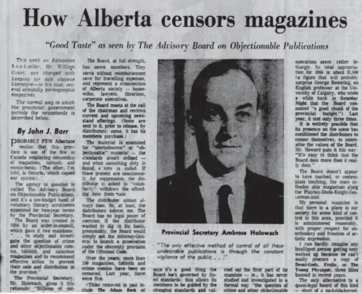 An archival newspaper article titled 'How Alberta censors magazines.'