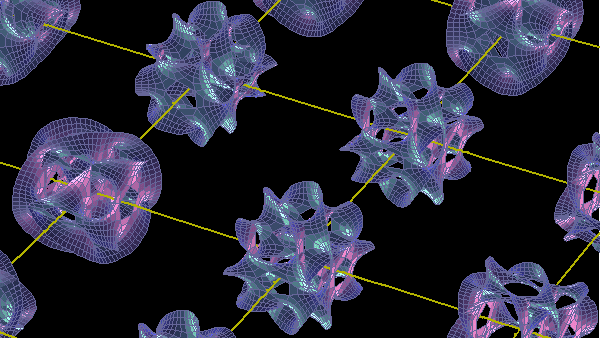 A repeating pattern of wireframe 3D geometric shapes intersected by diagonal yellow lines on a black background, evoking a physics break down of forms at the Planck scale.
