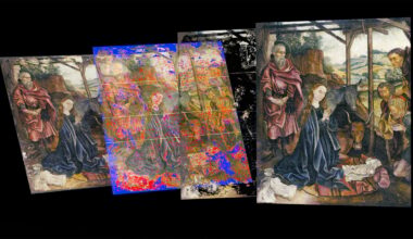Four overlapping versions of a Renaissance Nativity painting are shown, with each layer revealing different restoration or imaging techniques, including color overlays and digitally enhanced sections.