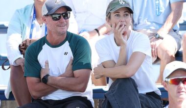 Lleyton Hewitt and Bec Hewitt watch son Cruz Hewitt compete during the US Open