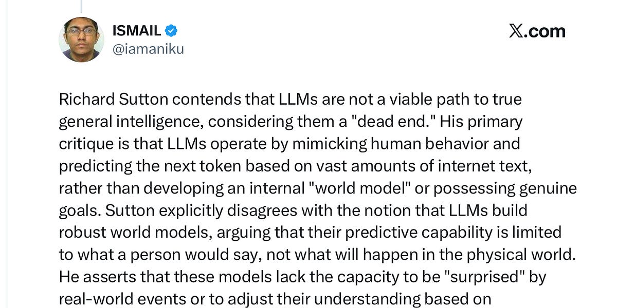 Game over for pure LLMs. Even Turing Award Winner Rich Sutton has gotten off the bus.