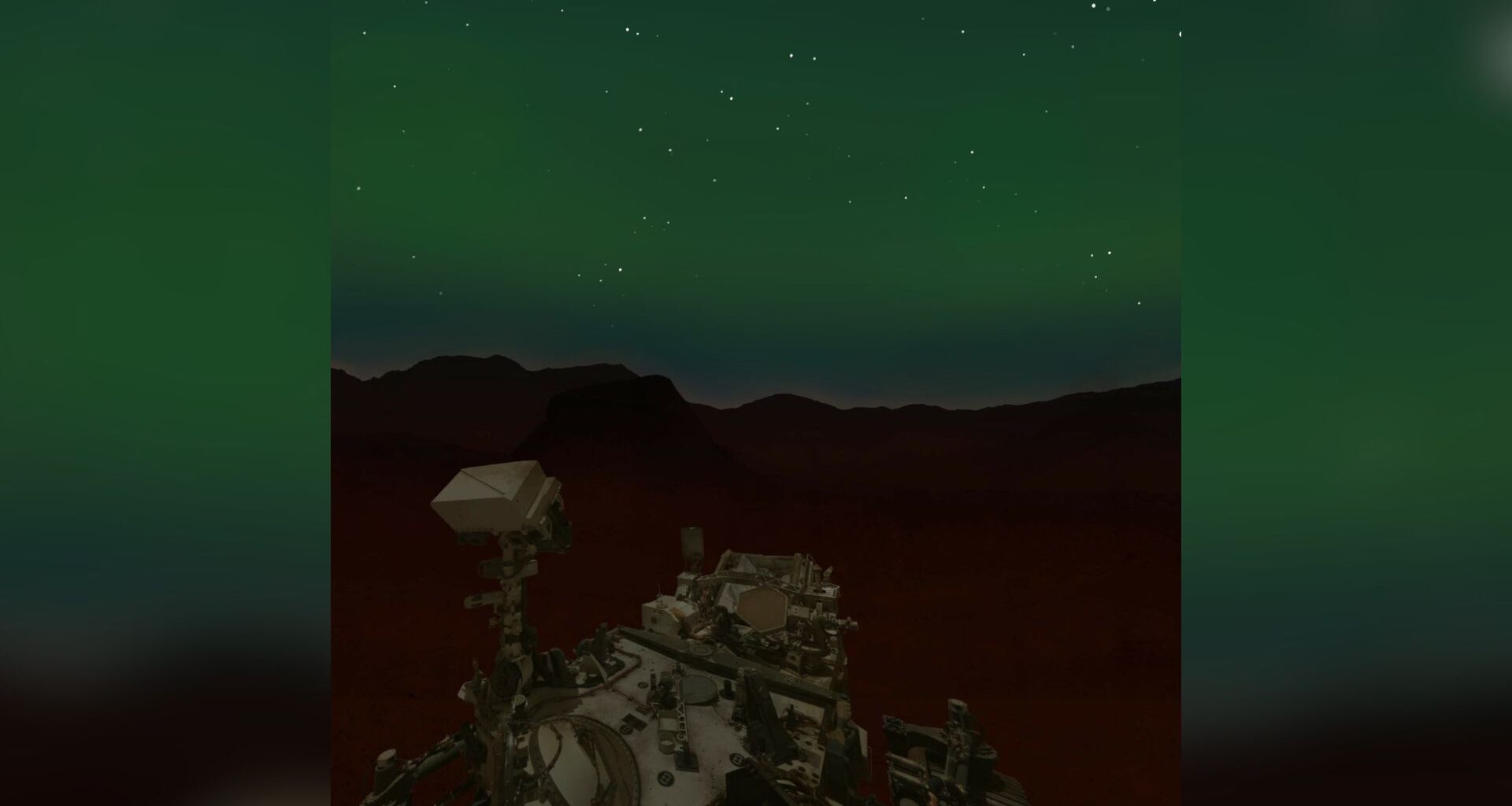 An illustration showing a rover sitting under a dark green sky full of northern lights flickering with stars.