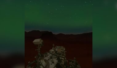 An illustration showing a rover sitting under a dark green sky full of northern lights flickering with stars.