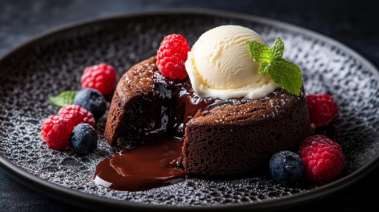 Chocolate lava cake with ice cream and berries on a black plate