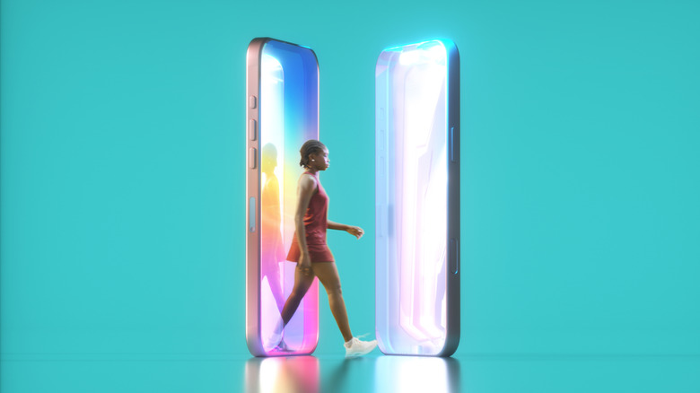 A woman appears to be walking from one portal in a smartphone to another