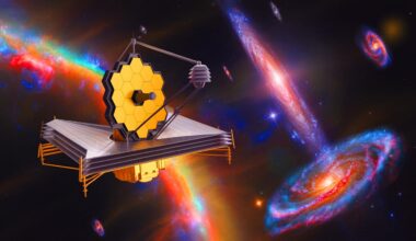 Illustration of the James Webb Space Telescope observing ancient galaxies and analyzing their rotational patterns.