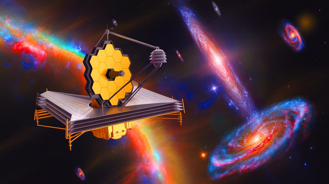 Illustration of the James Webb Space Telescope observing ancient galaxies and analyzing their rotational patterns.