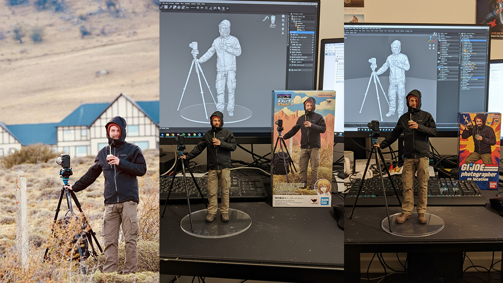 A photo of a photographer with a tripod beside two AI-generated images of 3D figurines based on the image